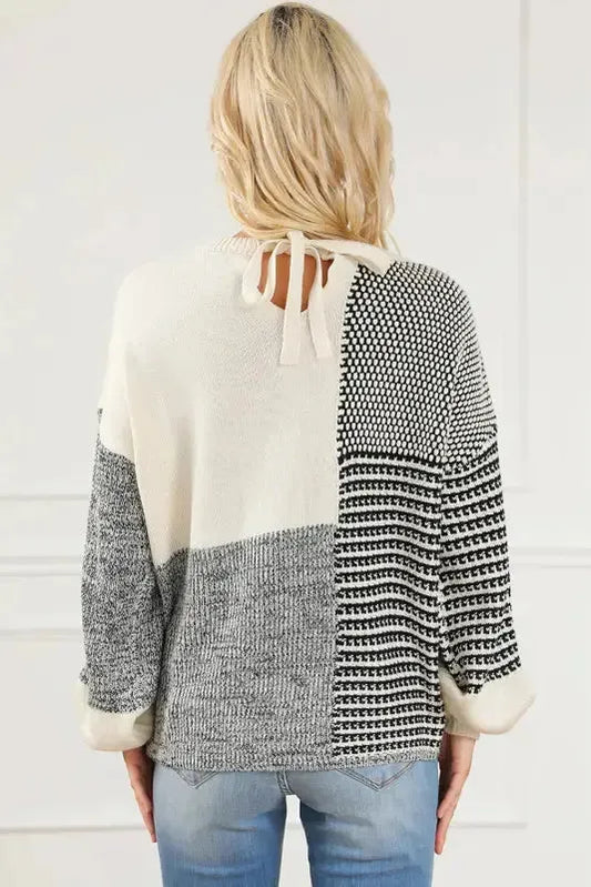 Color-Block Tie-Back Sweater - Black - Fashionfitz