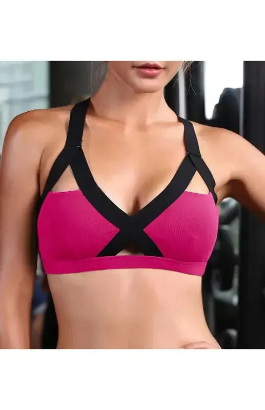 Color Contrast Sexy Cross Elastic Sports Bra - Fashionfitz