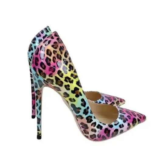 FashionFitz Vivid Leopard Stilettos in multicolour with pointed toe and high heel, perfect for night outs or events. Bold leopard print design.