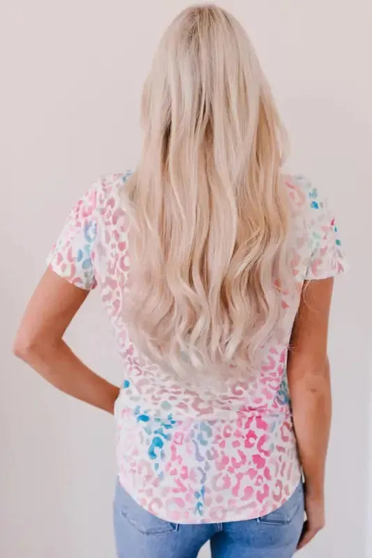 Colorful Leopard V Neck Short Sleeve Top - Fashionfitz