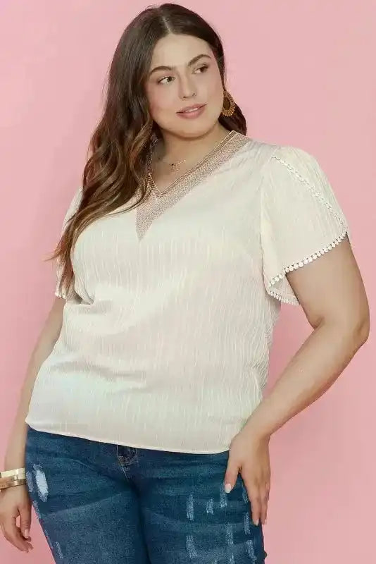 Contrast Guipure Lace Plus Blouse - Beige - Fashionfitz