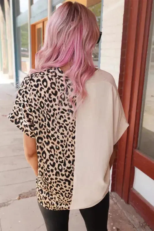 Contrast Leopard Color Block Blouse - Fashionfitz