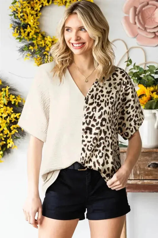 Contrast Leopard Color Block Blouse - Fashionfitz