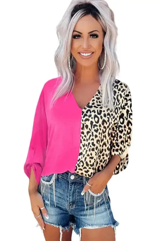 Contrast Leopard Color Block Blouse - Fashionfitz