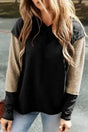 Contrast Patchwork Hoodie in black with beige textured colorblock sleeves, casual cozy fit for fall fashion.