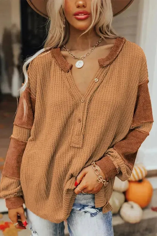 Contrast Waffle Knit Henley Top - Fashionfitz