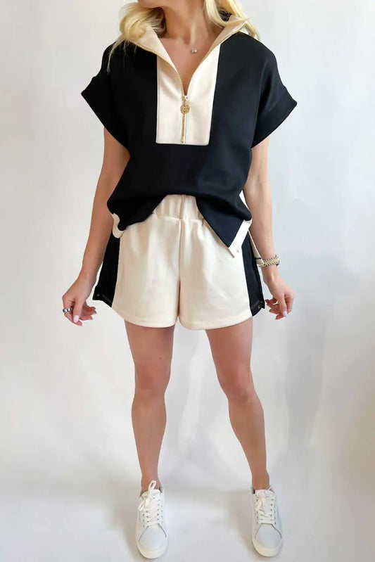 Contrast zipped t-shirt short set - modern casual wear