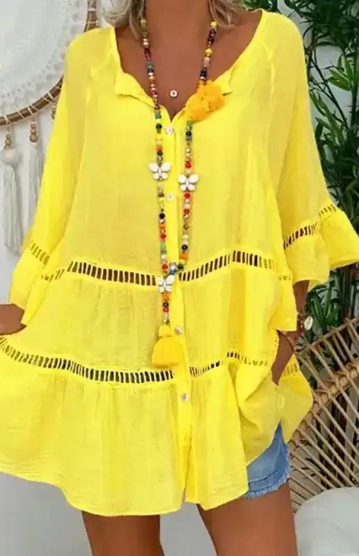 Cotton Linen V-Neck Loose Tunic Top - Fashionfitz