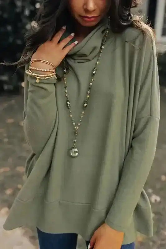 Versatile Cowl Neck Shift Tunic Top in olive green with long sleeves, styled with layered bracelets and a beaded necklace for a cozy daily look.