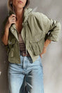 Cropped Hooded Utility Jacket in laurel green styled with jeans and tank top, showcasing casual fall outerwear for daily wear.