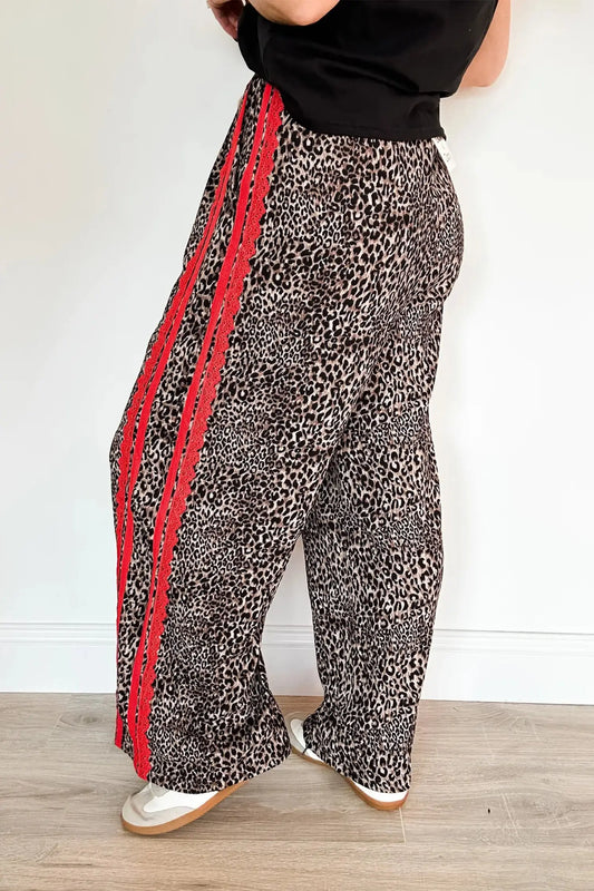 Brown wild leopard print contrast lace striped detail drawstring pants