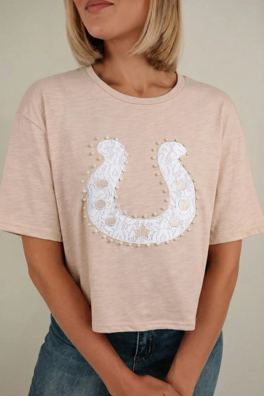 Smoke gray lace pearled decor horse shoe graphic western t shirt