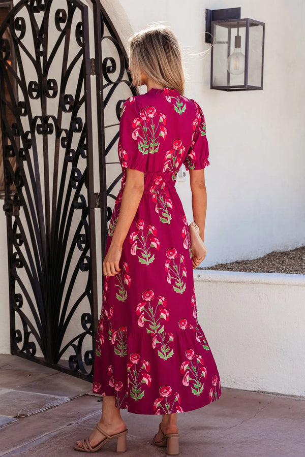 Red Floral Frilled V Neck Short Sleeve Ruffle Hem Maxi Dress Women UK — back view