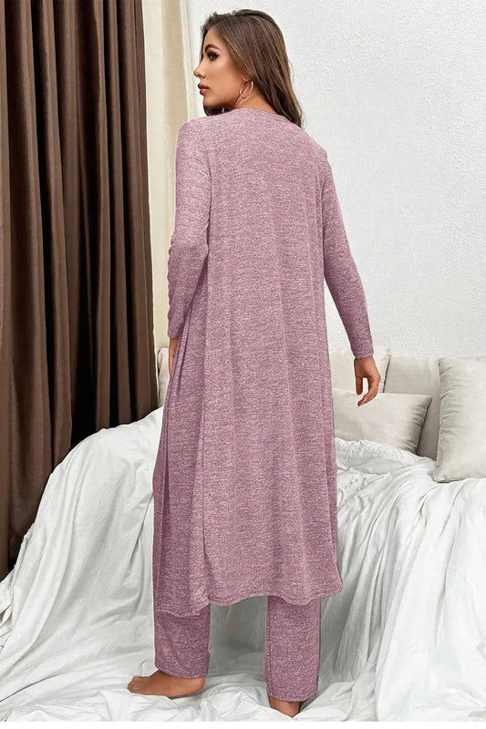 Back view of Heather Mauve Duster Lounge Trio – 3‑Piece Loungewear Set showing full-length duster and relaxed fit trousers, perfect for cosy layering.