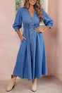 V Neck Shirred Waist Metal Zipper Denim Midi Dress Women UK