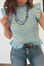Multicolour gingham smocked lace trim tank top front view — Fashionfitz UK