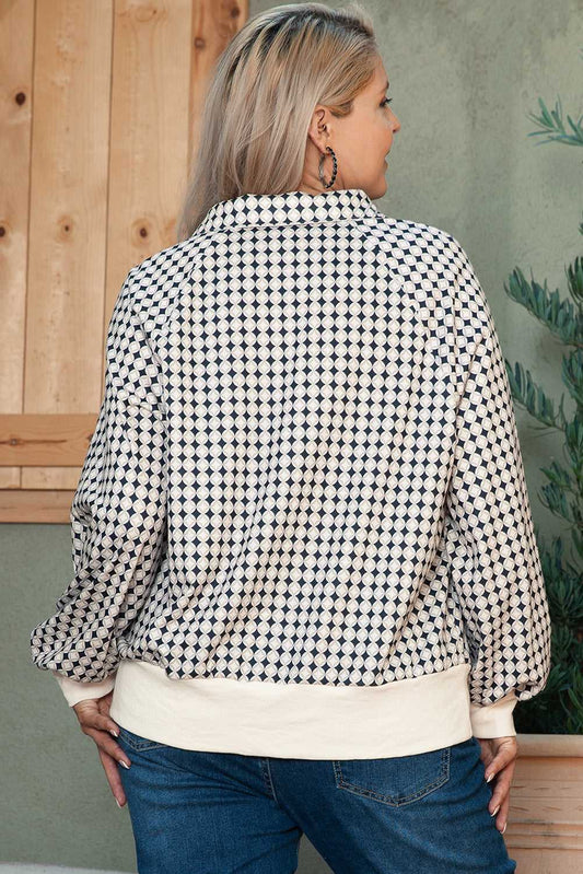 Back view of Curve Monochrome Contrast Polo Sweatshirt for Women showing relaxed fit and full geometric pattern design.