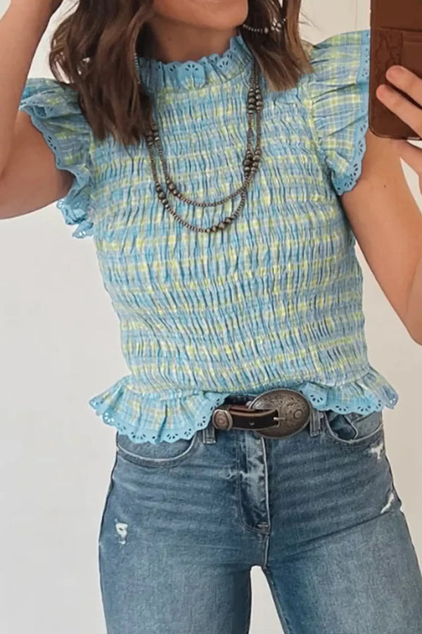 Multicolour gingham smocked lace trim tank top back view — Fashionfitz UK