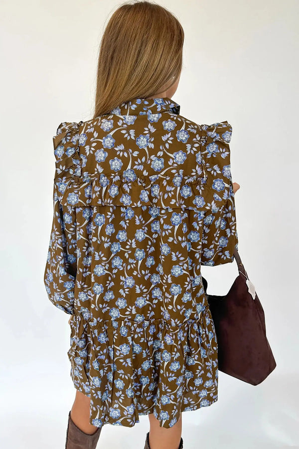 Brown Floral Shirt Collar Button Down Long Sleeve Dress Women UK — back view