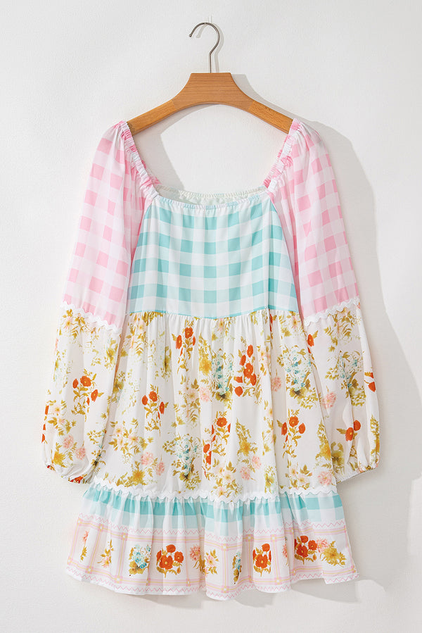 Pink Ric Rac Plaid Floral Patchwork Bubble Sleeve Mini Dress Women UK