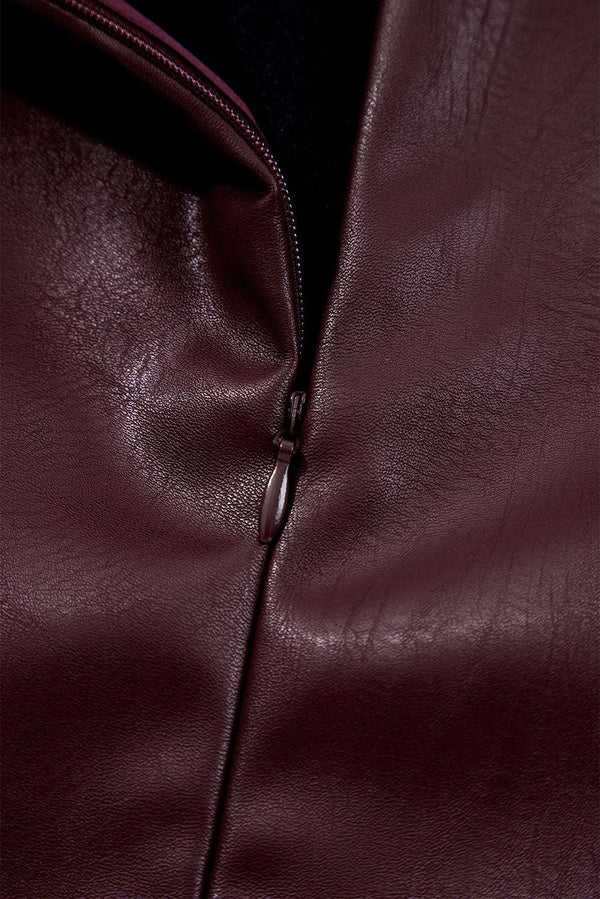 Close-up of zipper on Brown Faux Leather Sleeveless Mini Dress highlighting the high-quality PU leather material and stitching.