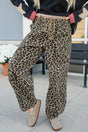 Khaki leopard print drawstring elastic waist loose denim pants with pockets