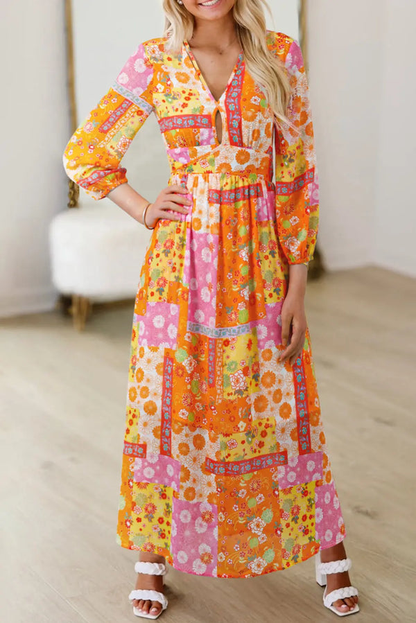 Orange Floral Patchwork Bracelet Sleeve Tied Back Maxi Dress Women UK — back view
