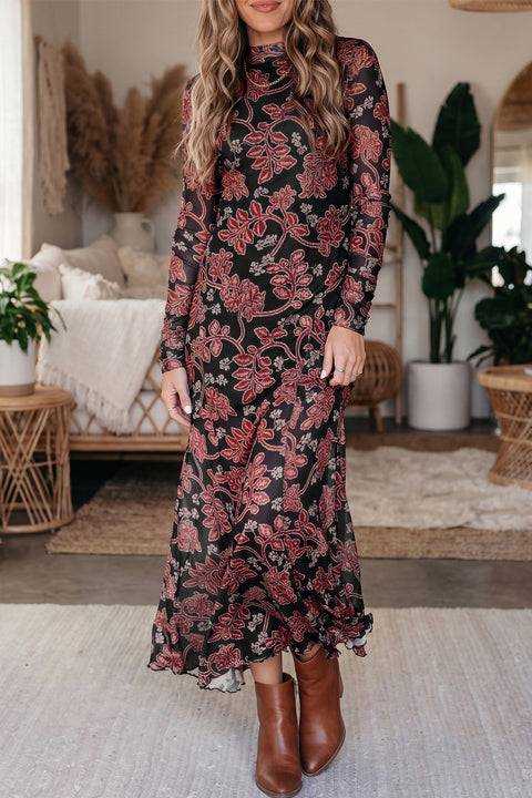 Retro floral print long sleeve mesh maxi dress in black — front view