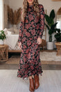 Retro floral print long sleeve mesh maxi dress in black — front view