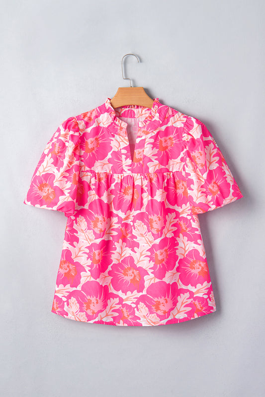 Floral Jacquard Bubble Sleeve Notched V Neck Babydoll Blouse