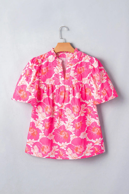 Women's floral jacquard bubble sleeve notched V-neck babydoll blouse front view