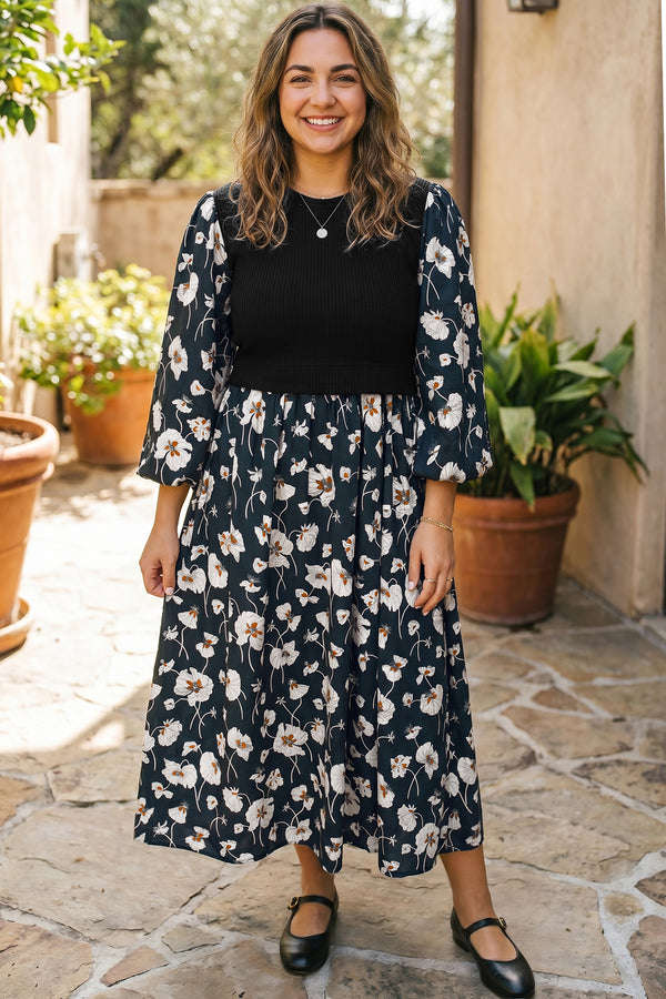 Black Floral Print Long Sleeve Round Neck Plus Size Dress Women UK