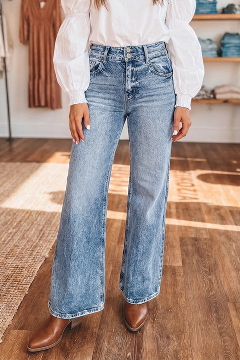 Acid Wash Pocket Detail High Waist Flare Jeans Women UK