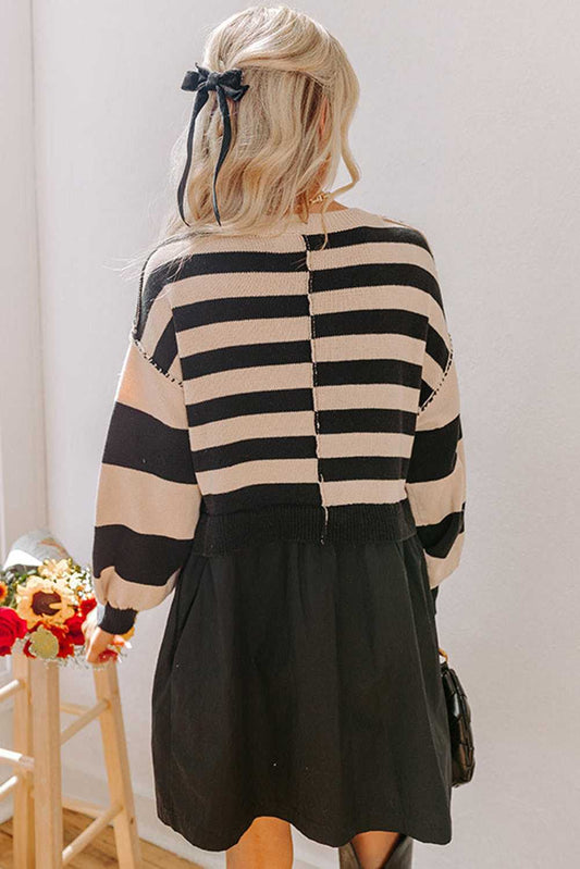 Back view of Monochrome Knit Dress - Cozy & Stylish | FashionFitz showing horizontal stripe knit top and flowy black skirt for a chic autumn look.