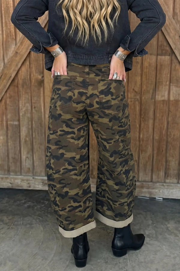 Multicolour camouflage grommet tie waist jeans back view — Fashionfitz UK