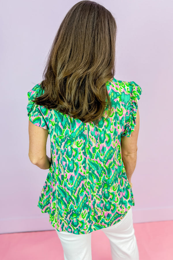 Green Abstract Print Ruffle Tied Split Neck Tank Top Women UK