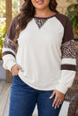 Leopard print colorblock round neck plus size blouse in beige — front view