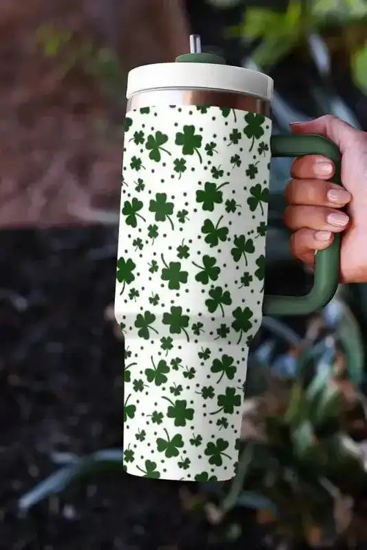 Dark Green Clover Print Thermos Cup with Handle 40oz - Fashionfitz