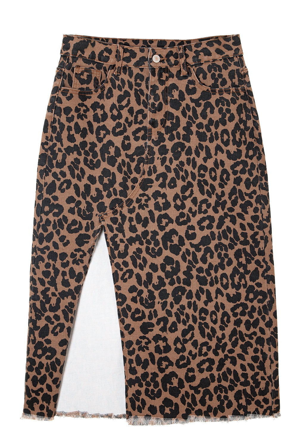 Flat lay of Leopard Denim Midi Skirt - Summer Fashion by FashionFitz with bold leopard print and front slit for edgy summer style.