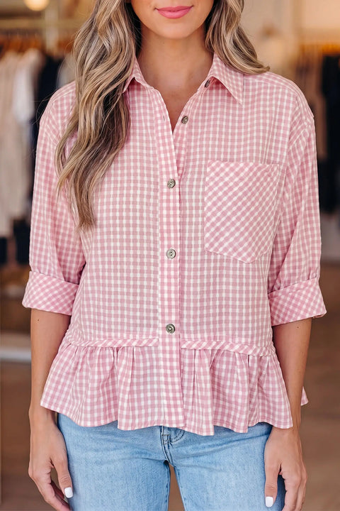 Women's plaid ruffle hem half sleeve blouse front view casual