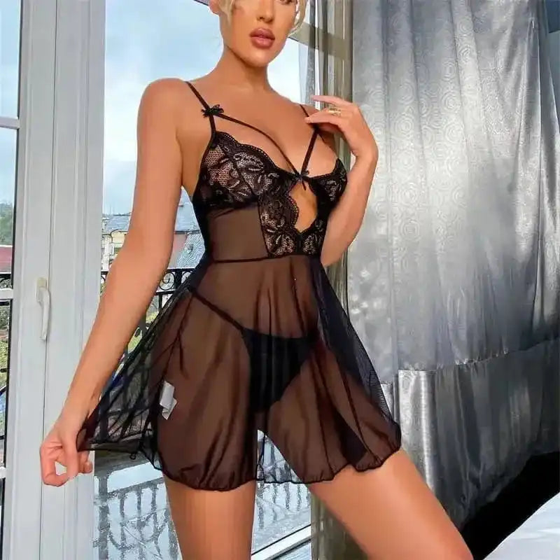 Deep V Sling Mesh Lace Babydoll Set - Fashionfitz