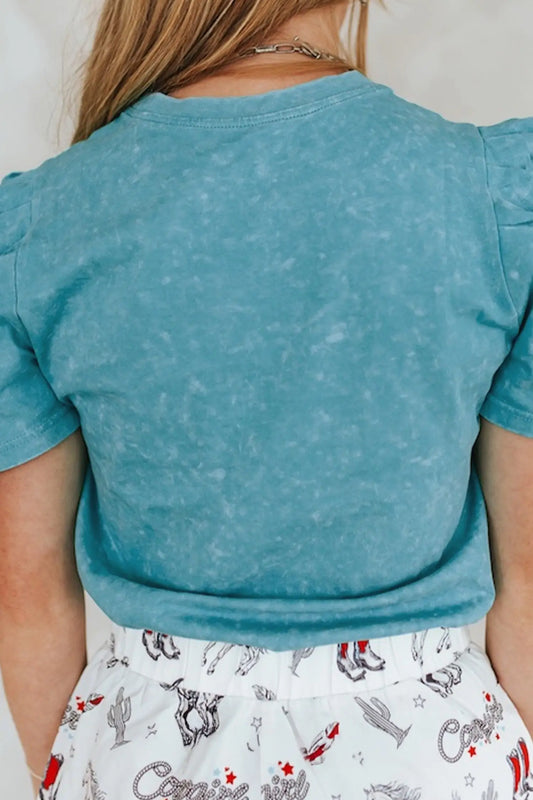 Turquoise mineral wash western embroidered detail short puff sleeve cotton tee