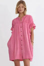 Denim Mini Dress - Pink Ruffled Short Sleeve - Fashionfitz