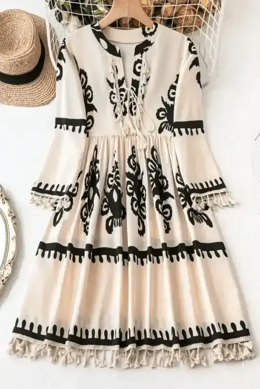 Tassel geometric print midi dress back view — Fashionfitz UK