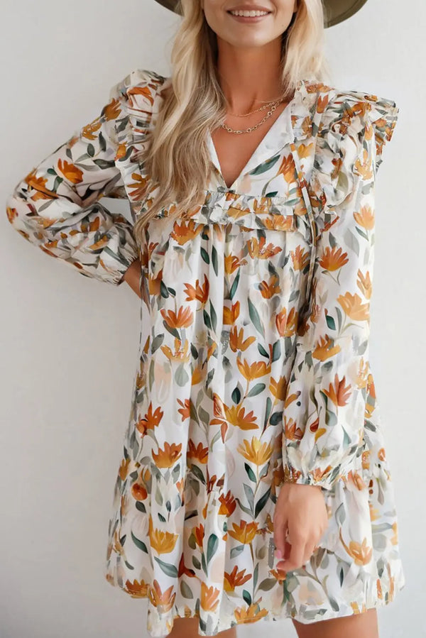 Yellow Floral Tie Neck Frilled Long Sleeve Mini Dress Women UK