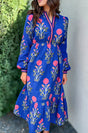 Blue Floral Striped Trim Split Neck Long Sleeve Midi Dress Women UK
