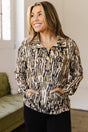 Brown camo print zipper collar front pocket pullover sweatshirt front view — Fashionfitz UK