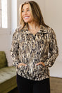 Brown camo print zipper collar front pocket pullover sweatshirt front view — Fashionfitz UK