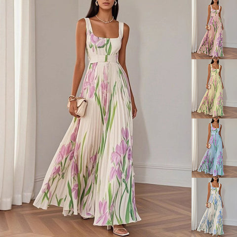 Floral pleated A-line midi dress sleeveless — front view women UK