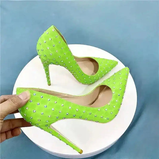Neon green Diamond High Heels Stilettos with PU leather finish and sparkling studs. Luxury fashion pumps for women at FashionFitz.